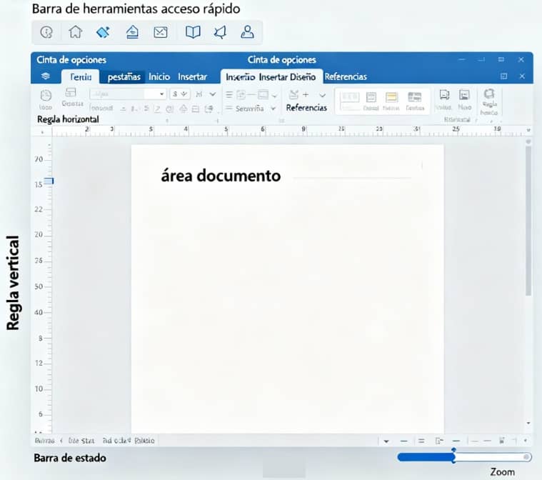 Interfaz completa de Microsoft Word con partes etiquetadas en español