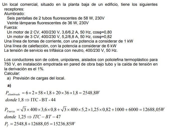 ejercicio prevision de cargas local comercial en trifasica