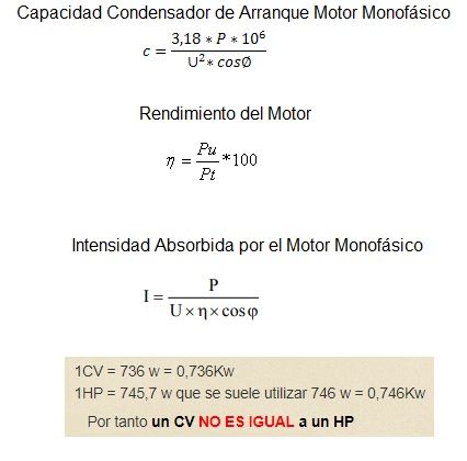 formulas motor monofasico